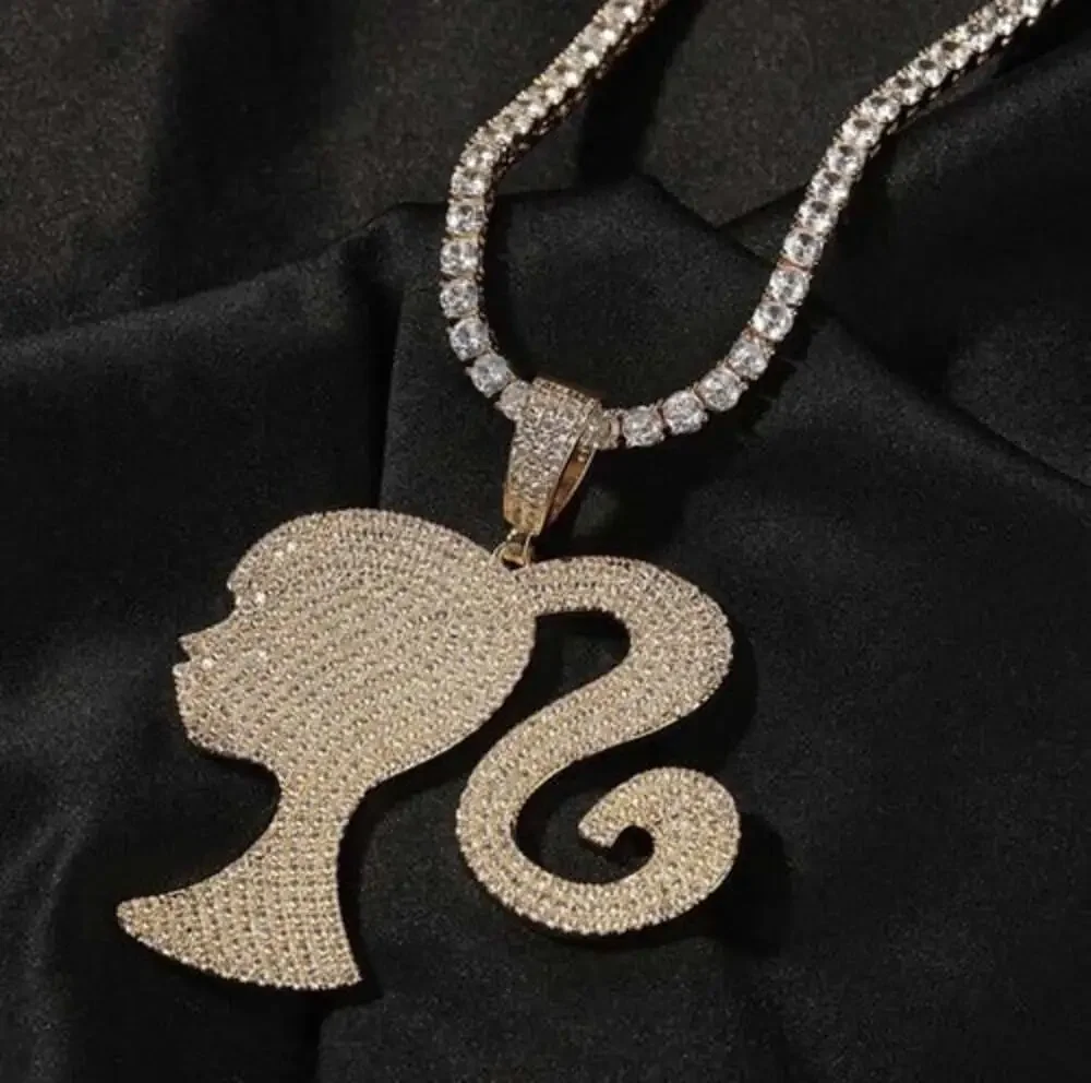 Barbie Necklace, Iced Out Doll Head Necklace , Barbie Tennis Necklace
